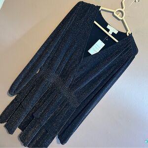 NWT Michael Kors Smocked Waist Tiered Metallic Black & Gold Long Sleeve Dress M